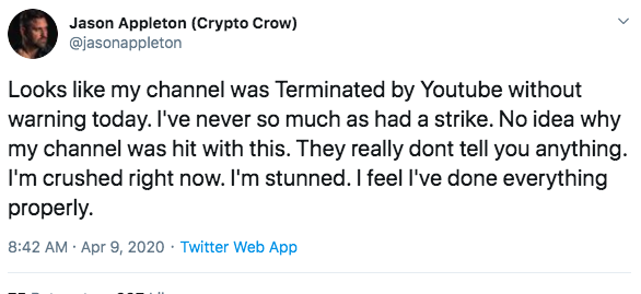 Youtube数字货币博主Jason Appleton频道被封