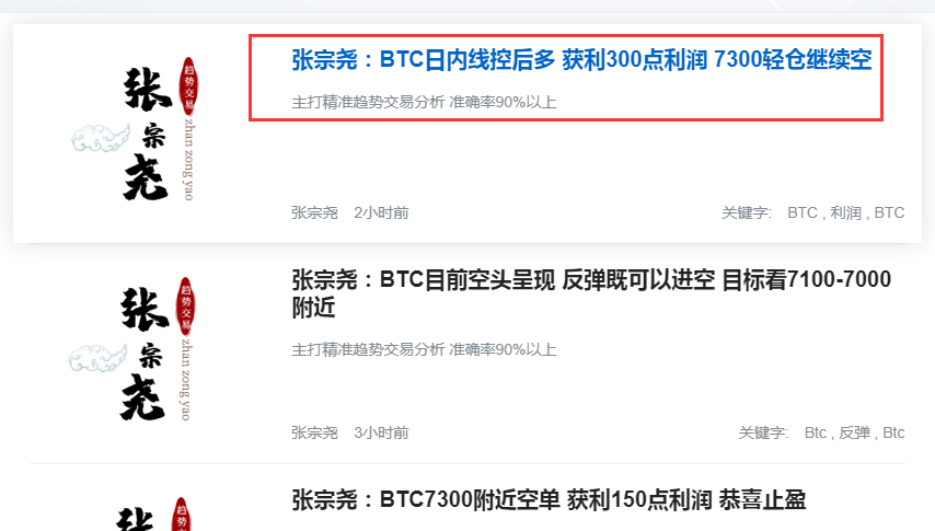 张宗尧：BTC反弹7300上方做空  空单再次获利