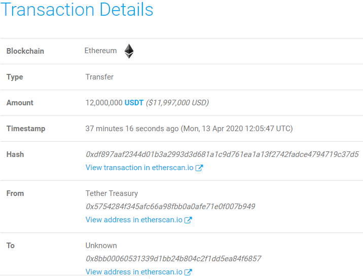 监测:1200万枚USDT从Tether Treasury钱包转出 监测:1200万枚USDT从Tether Treasury钱包转出