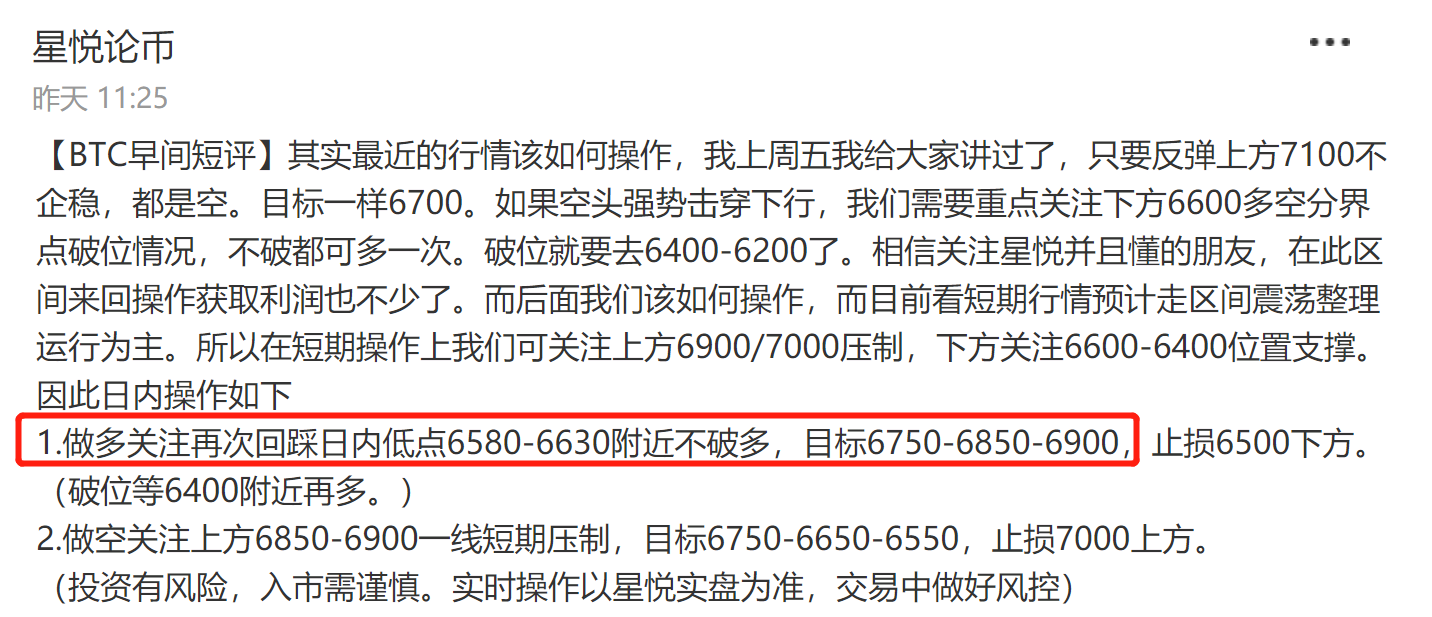 星悦论币：4.14BTC多单目标6900已到 跟进注意利润收割——日内分析