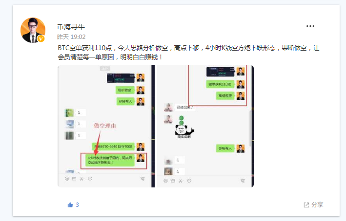 币海寻牛：BTC连续做空获利 日内反弹6780下方皆可空1