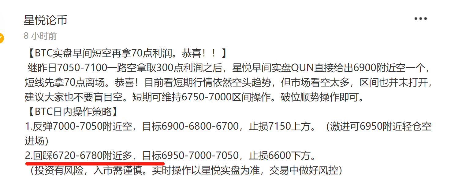 星悦论币：4.21BTC6760-6780跟进多单短线再拿100+跟进注意利润2