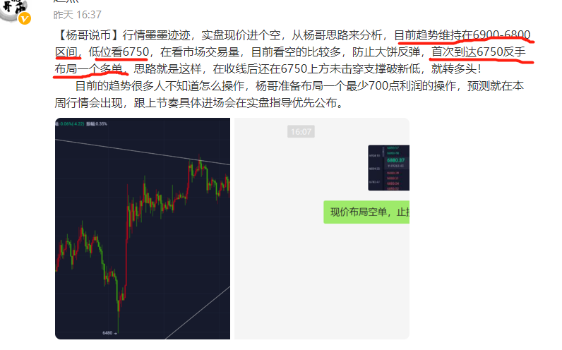 【杨哥说币】昨日策略建议区间维持6900-6750操作，来回套利多空双收2