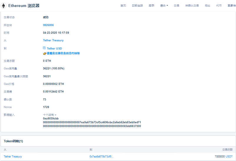 监测显示：700万USDT自Tether Treasury地址转出