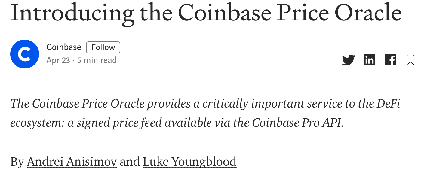 Coinbase宣布推出预言机服务，Coinbase Pro提供喂价1