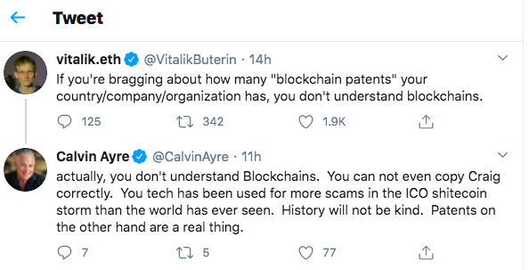 Vitalik:吹嘘专利数量的行为意味着根本不懂区块链 Vitalik:吹嘘专利数量的行为意味着根本不懂区块链