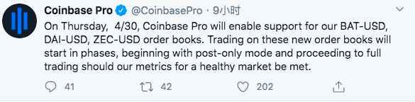 Coinbase Pro今日起接受BAT/USD、DAI/USD和ZEC/USD订单 Coinbase Pro今日起接受BAT/USD、DAI/USD和ZEC/USD订单