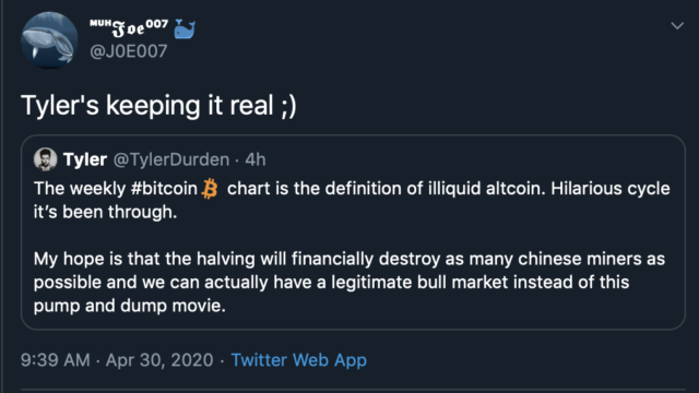 著名比特币巨鲸Joe007：比特币减半前上涨缺乏流动性，疑为大型玩家操纵