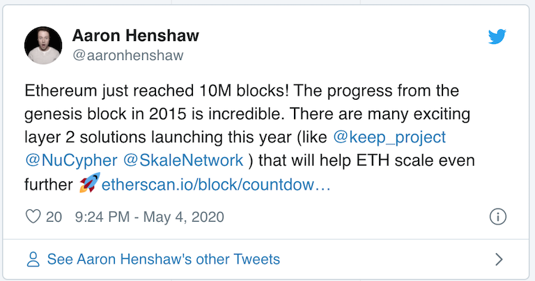 以太坊又一里程碑达成！矿工成功挖出以太坊网络的第1000万个区块1