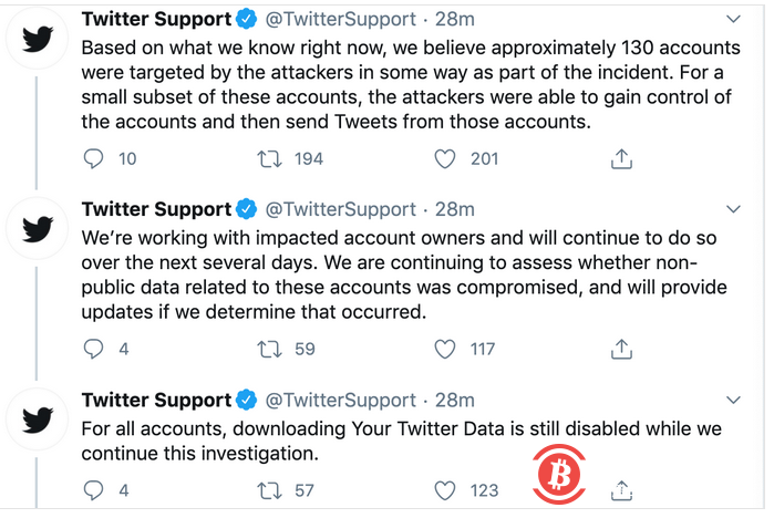 推特宣布了黑客调查的最新进展：约130个账户已成为攻击目标，并与受害者合作