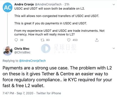 Yfi创始人：usdc和usdt将很快在第二层提供