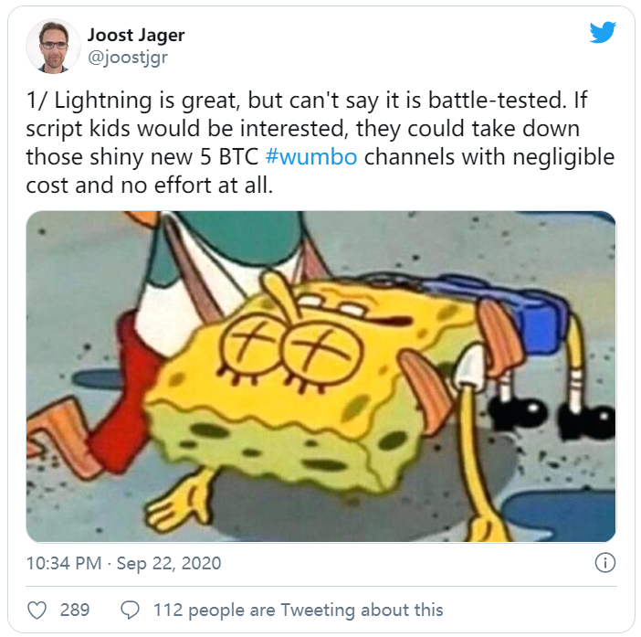 lightning network中的大通道wumbo中存在漏洞，或者可能导致通道瘫痪两周