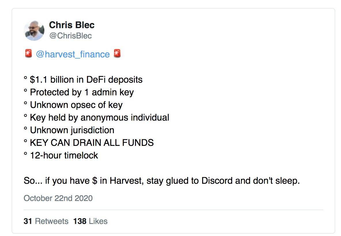 DFI旗下的嘉实金融（Harvest finance）项目给用户造成了超过2000万美元的损失，知名KOL提醒，该项目存在重大风险16