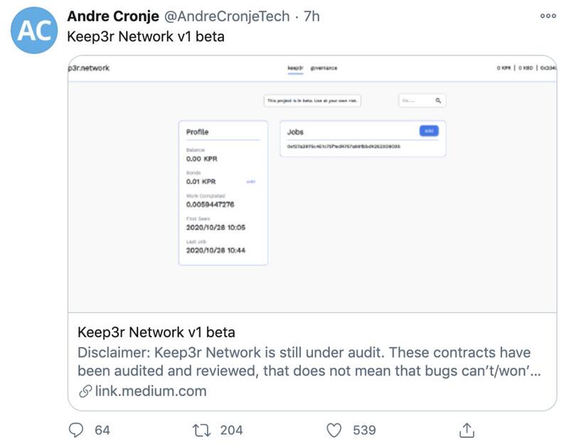 Yfi创始人AC新项目，kp3r在线6小时增加100多倍