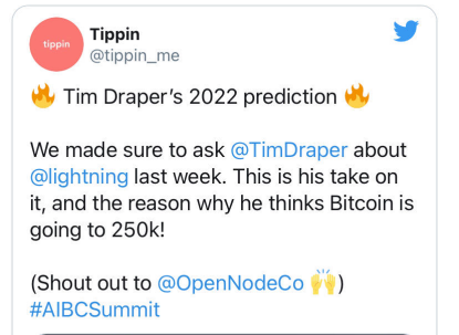 创投教父Tim Draper:比特币将在2020“闪电网络”完善后突破25万美元
