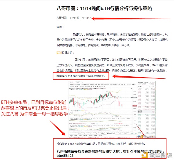 八哥币圈：11/14晚间ETH多单完美获利6个点 努力就有收获 奋斗终会成功