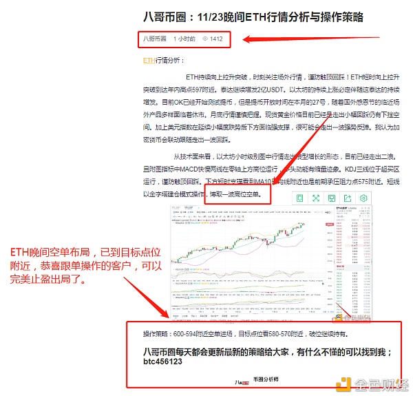 八哥币圈：11/23晚间ETH空单策略 恭喜实仓客户完美获利16个点