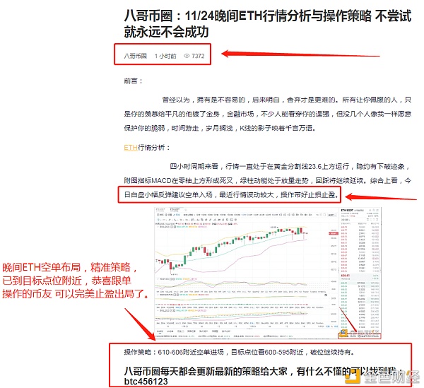 八哥币圈：11/24晚间ETH空单布局 精准策略 恭喜实仓客户完美获利11个点