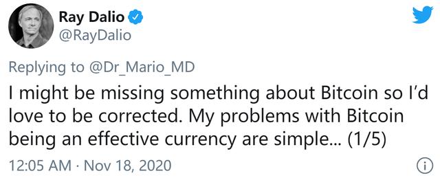 达利欧评价比特币：依旧持怀疑立场 但不排除“忽略了点什么”