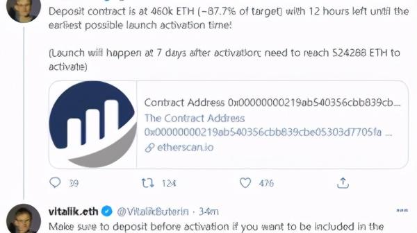 V神报告ETH2.0存款合约已达46万枚ETH V神报告ETH2.0存款合约已达46万枚ETH