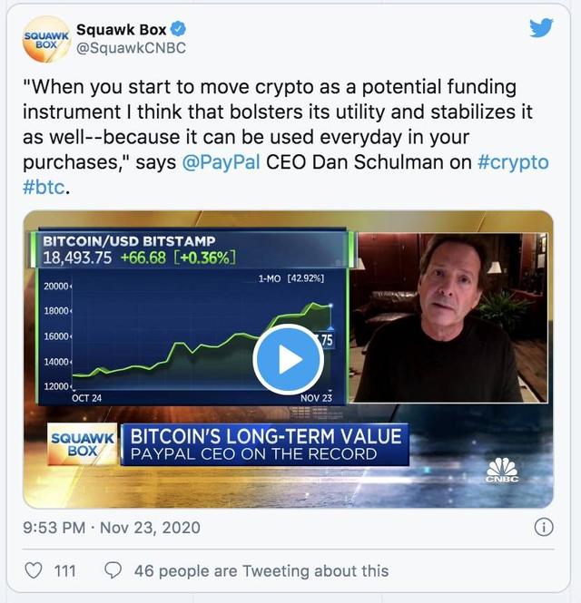 PayPal首席执行官：比特币正向货币靠近