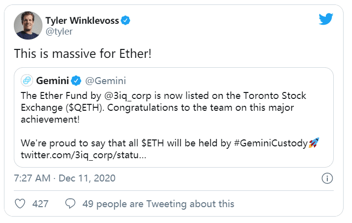 加拿大3iq公司推出的以太坊基金在多伦多证券交易所上市，当日上涨2.5%