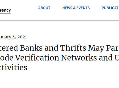 观察：货币监理办公室允许银行使用公共链和稳定货币作为结算基础设施