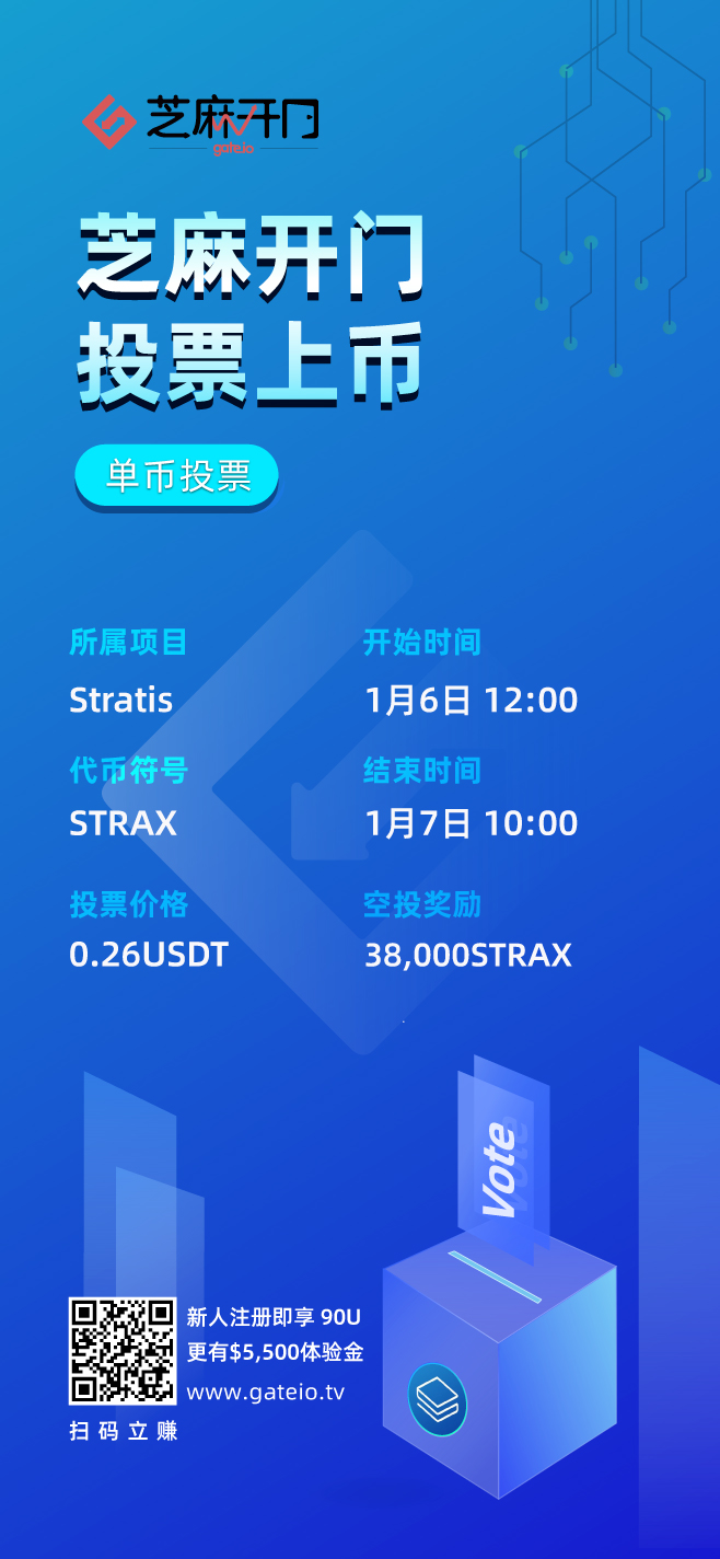 Gate.io投票上币空投福利第七十五期—STRAX，$22,000美元STRAX空投福利开启
