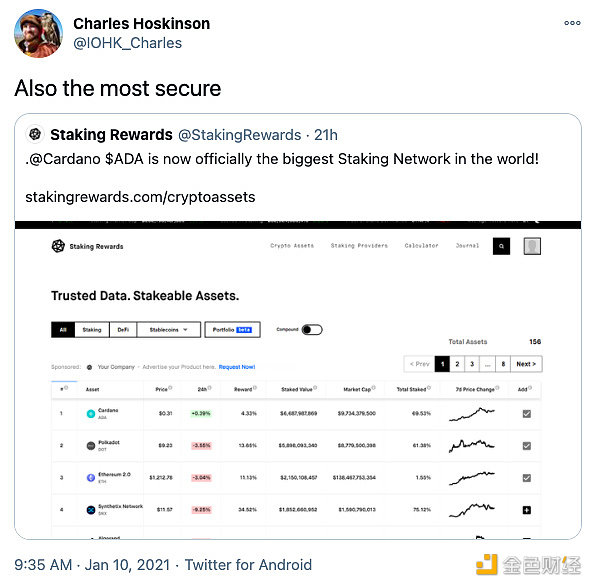 Cardano超越Polkadot成为最大质押网络