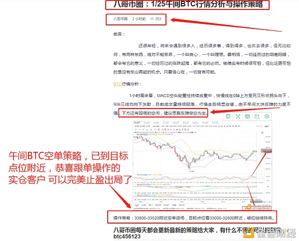 Myna币圈：中午1/25 BTC空单完美获利570点，获利方向如此简单