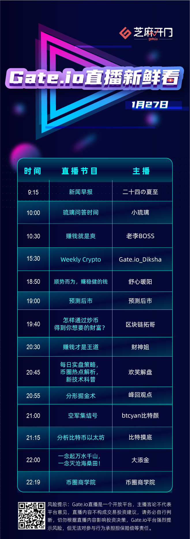 Gate.io直播：问答时间、新技术科普等14个节目即将开播1