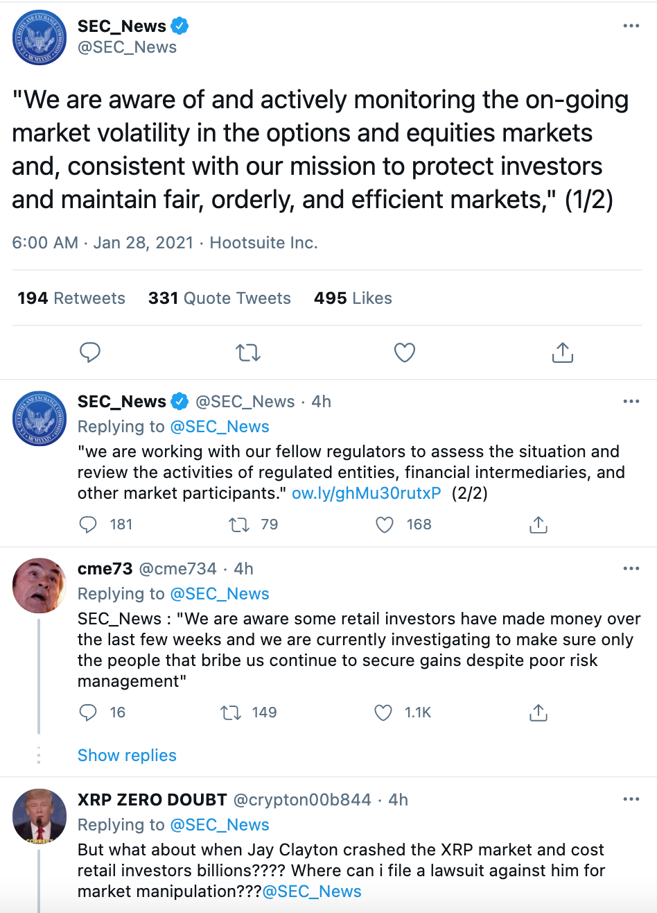 SEC回应WallStreetBets风波反被网友驳斥 后者又遭Discord封禁 SEC回应WallStreetBets风波反被网友驳斥 后者又遭Discord封禁