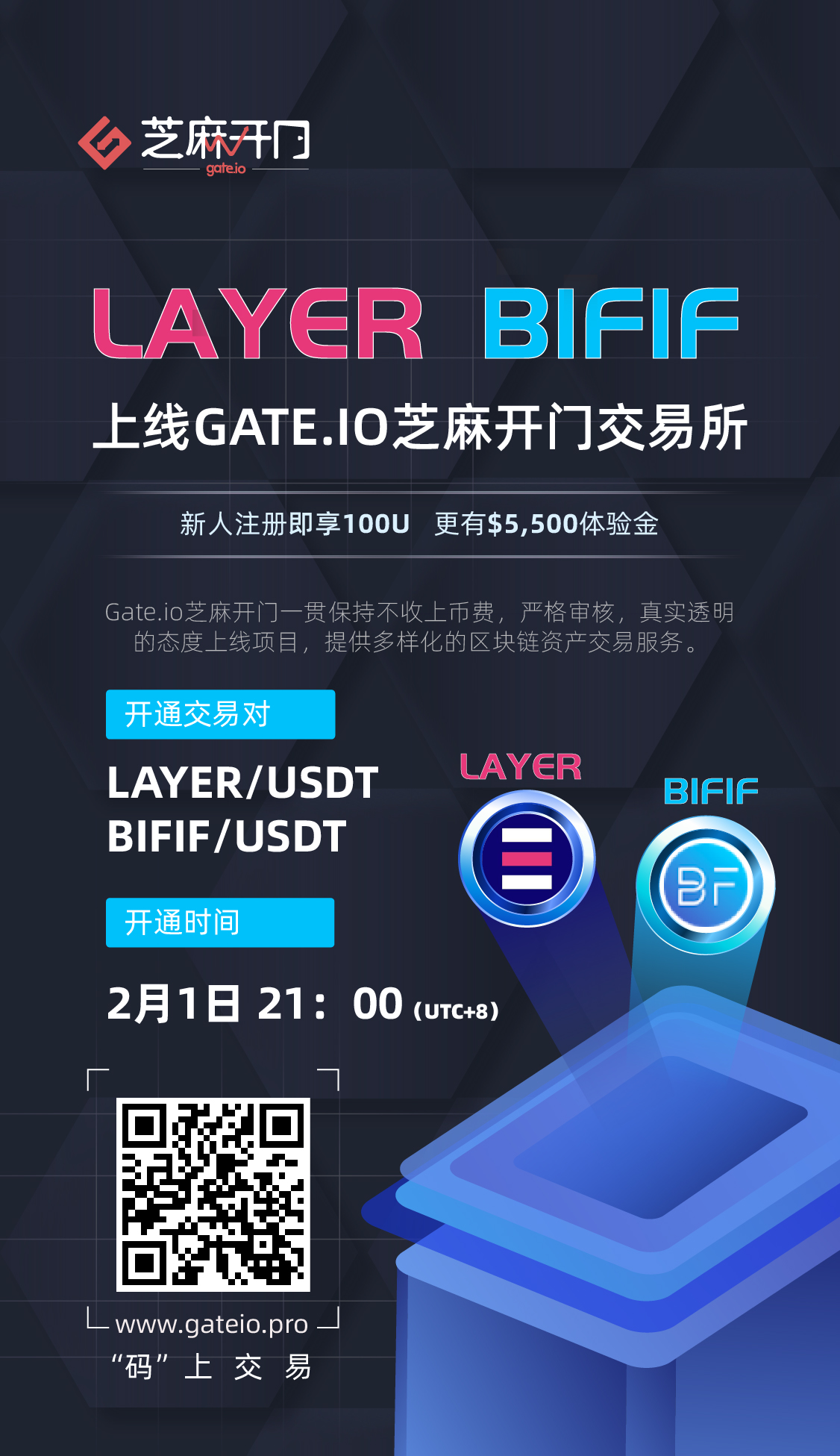 Gate.io芝麻开门将上线 UniLayer (LAYER) 和 BiFi (BIFIF)交易的公告