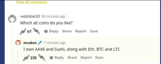 NBA独行侠队老板马克·库班：我持有Aave、Sushi、BTC、ETH和LTC