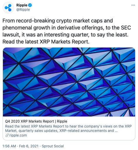 不惧SEC诉讼 Ripple去年Q4 XRP销售额翻倍