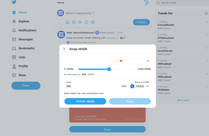 手拉手教你如何使用husd参与交换和空投面具网络ITO11