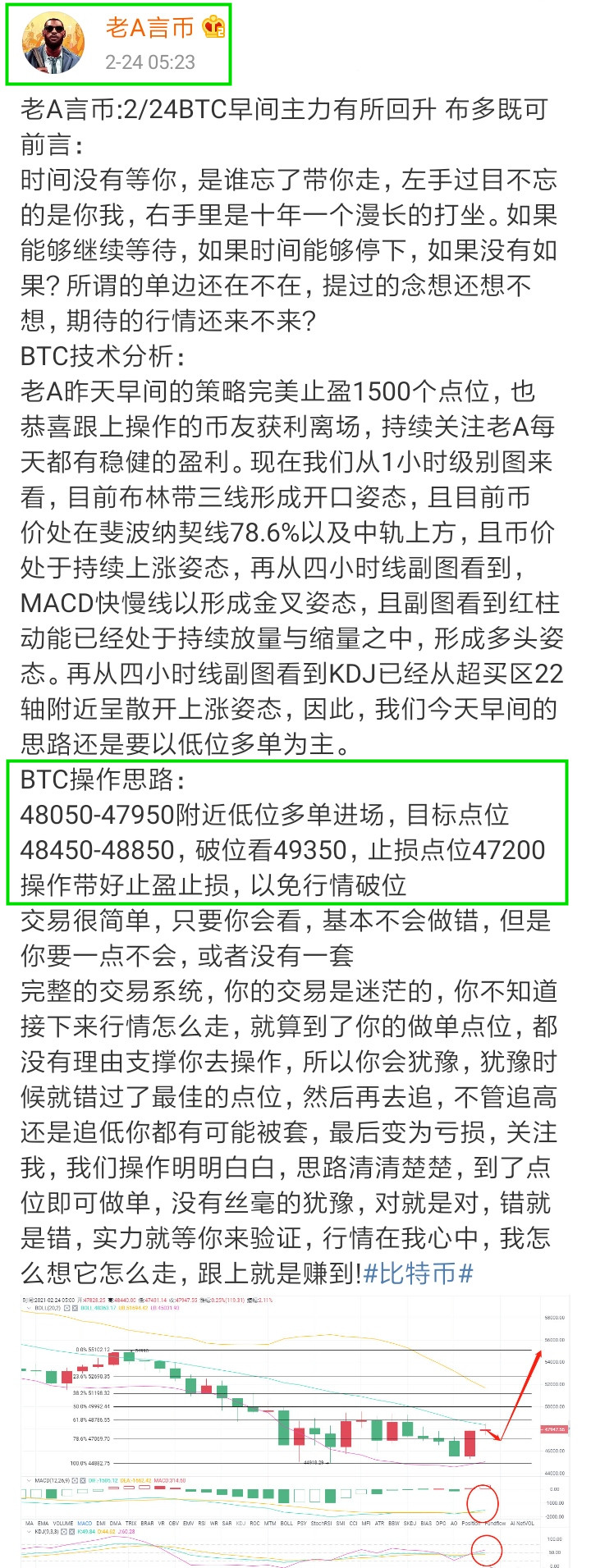 老A言币：2/24BTC早间获利颇丰斩落1150个点位完美出局