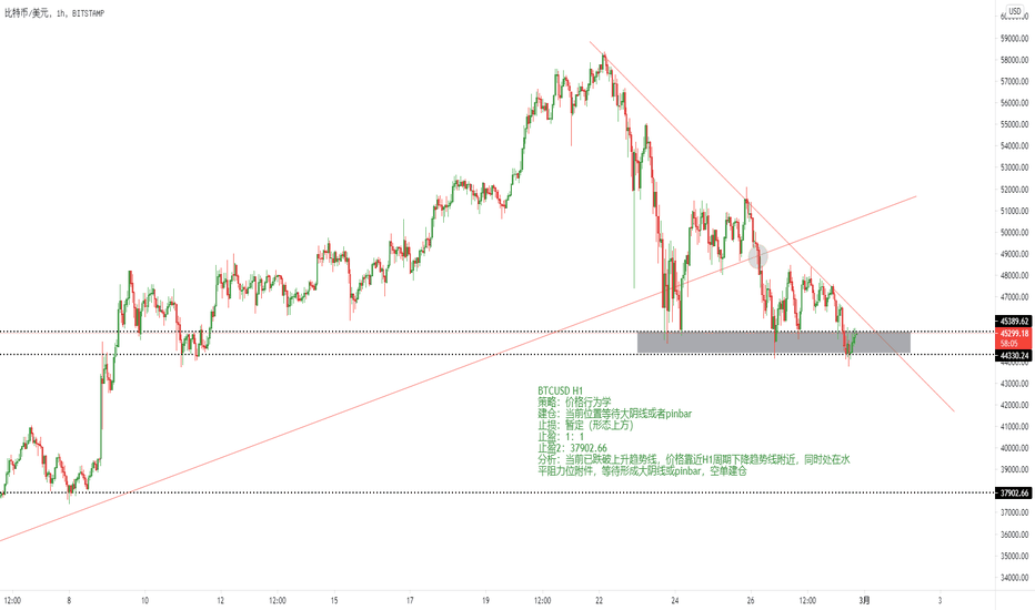 Btcusd H1阻力位附近，等待大阴线突破关键位置，空单建仓分析日志[2021.2.28]