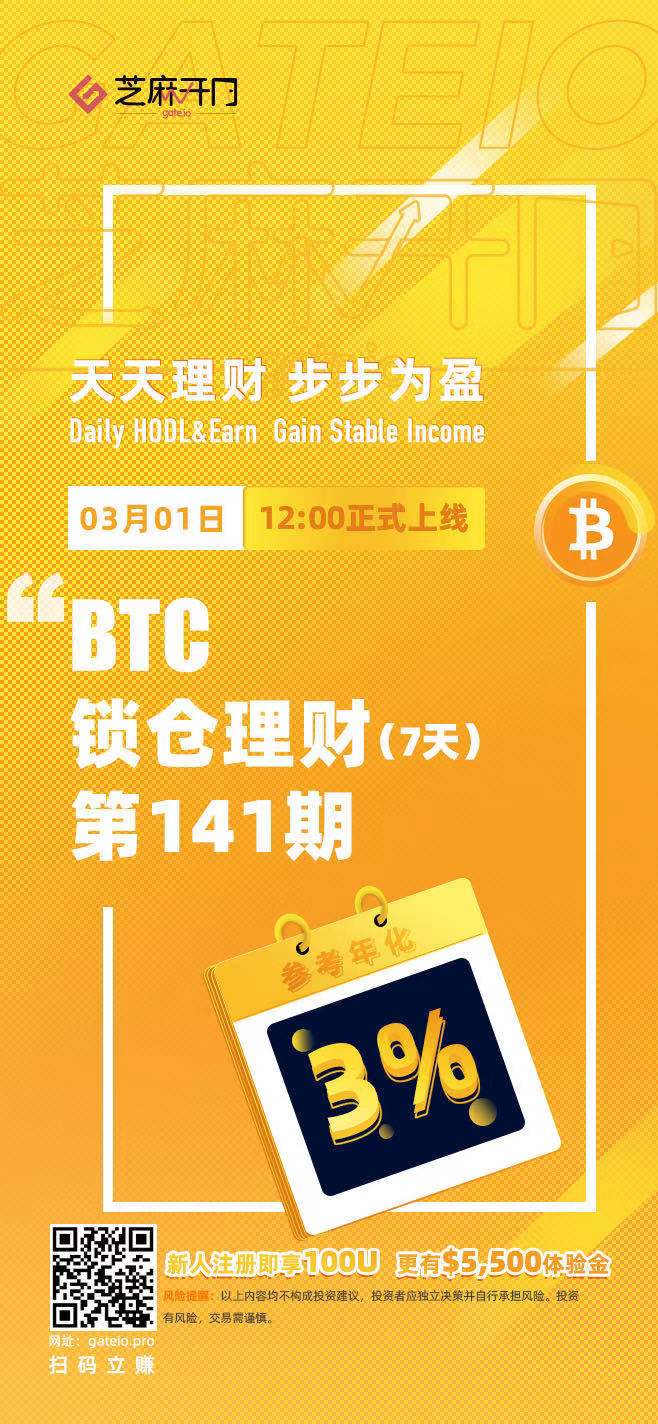 Gate.io芝麻开门“天天理财” 第141期 BTC锁仓理财明日开启，年化收益3%1