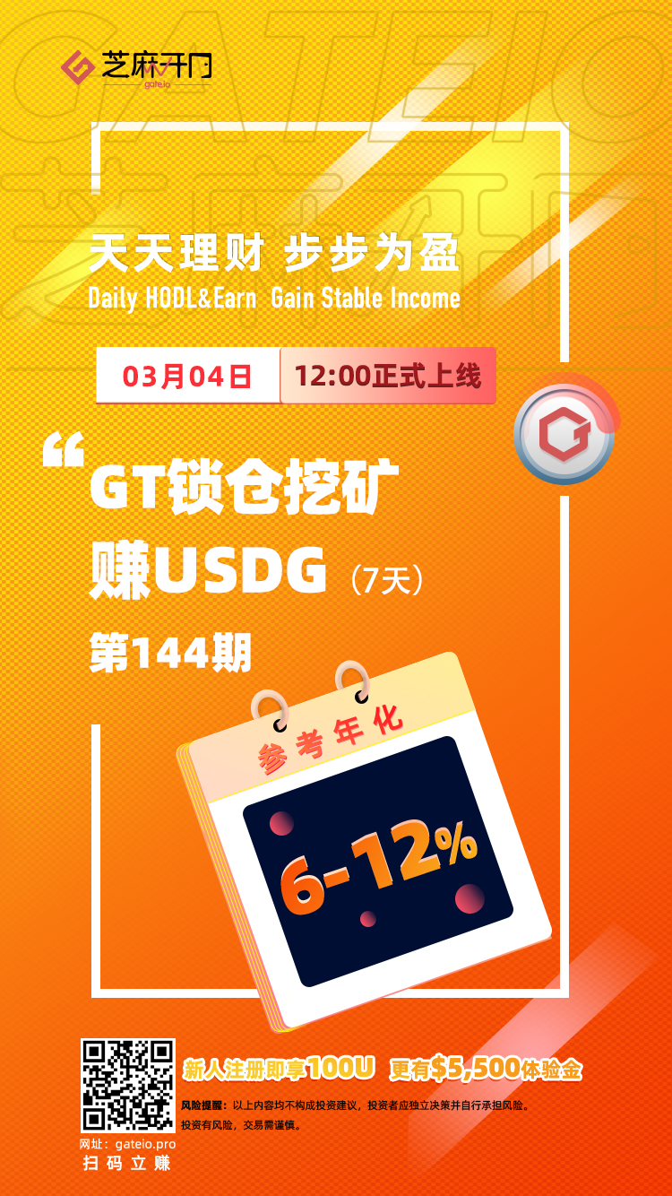 Gate.io芝麻开门“天天理财” 第144期 GT锁仓挖矿赚USDG理财1