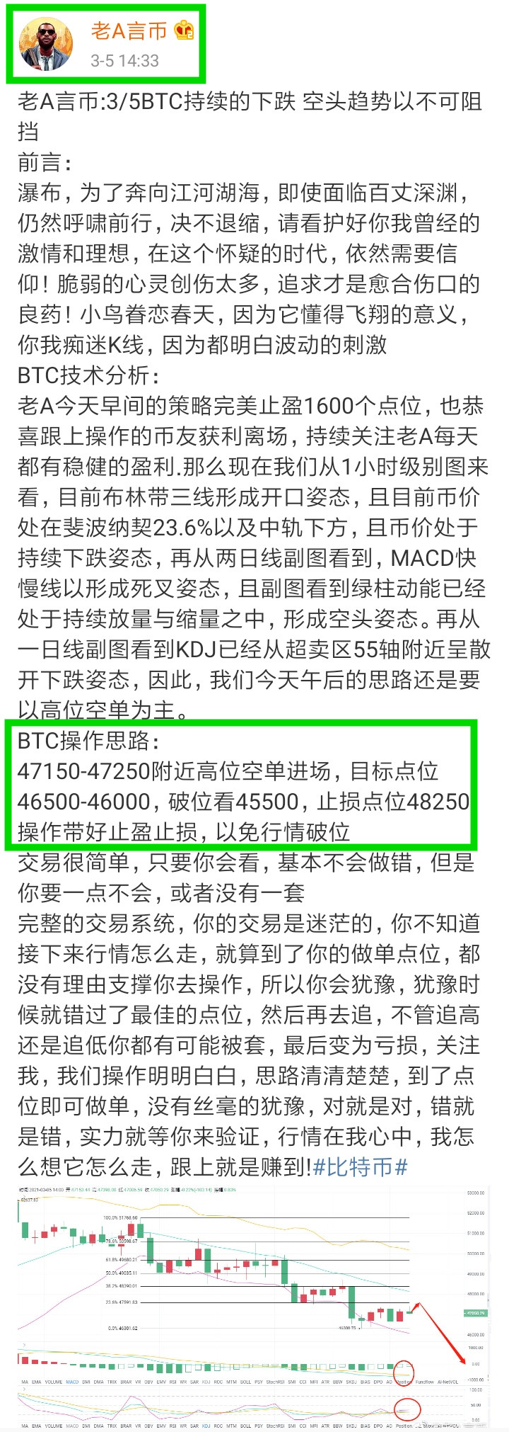 老a币：3/5btc午后止损获利780点完美出局