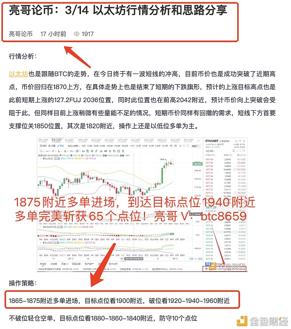梁戈点评货币：3/14ETH的多订单布局收获65个利润点，这是检验其实力的唯一标准