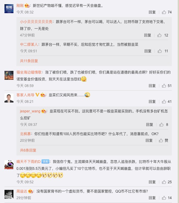 比特币继续创造历史。微博、微博、B站等社交平台的用户如何看待？6