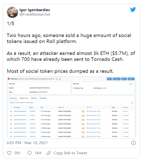 社交代币平台Roll遭受漏洞攻击，大量代币被转移和出售1
