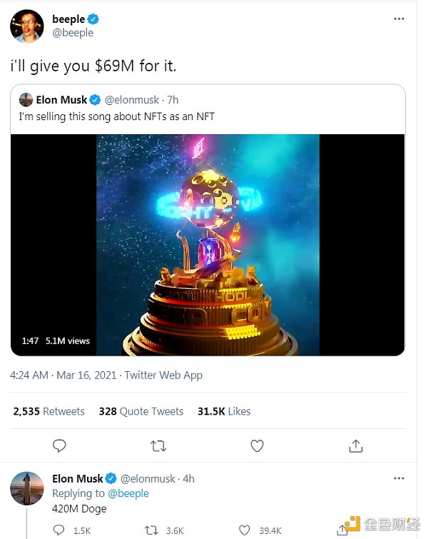 金色前哨丨马斯克发布NFT Beeple愿以6900万美元购买2
