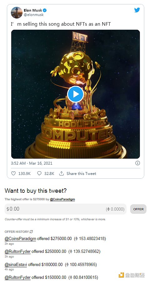 金色前哨丨马斯克发布NFT Beeple愿以6900万美元购买3