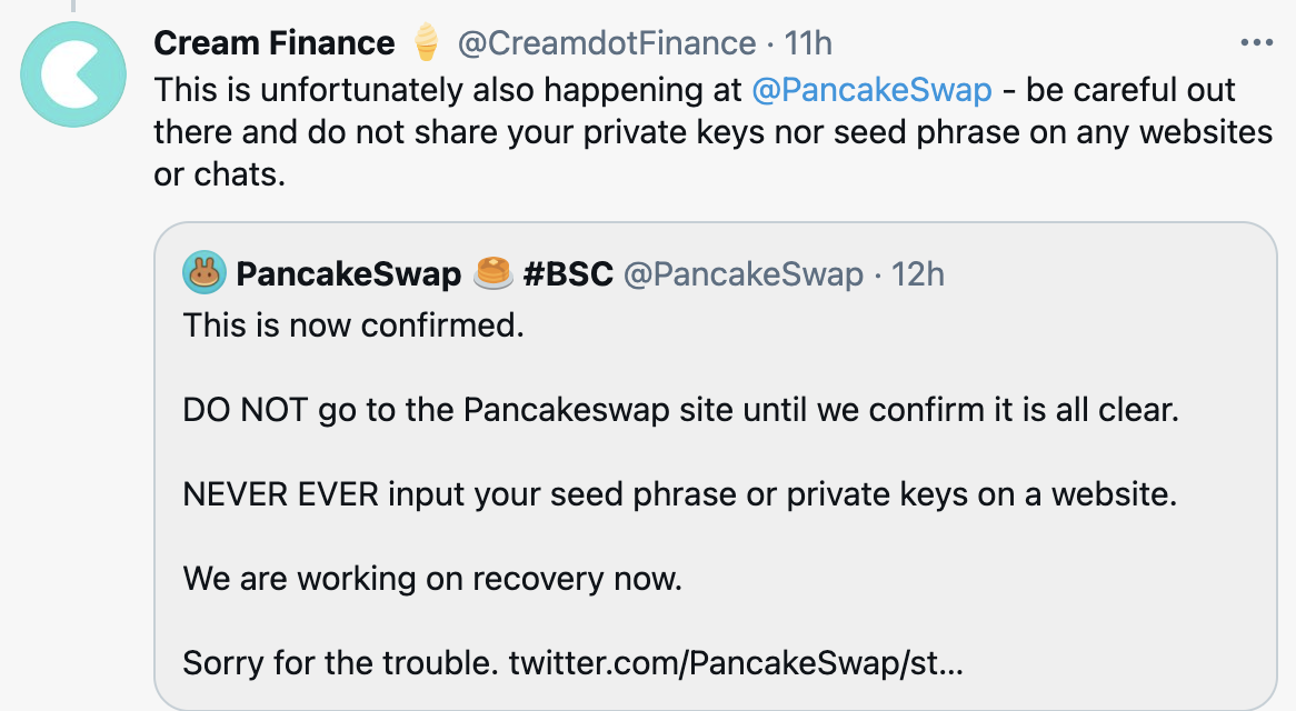 许多def项目被DNS劫持。请保护您的私钥和助记词！