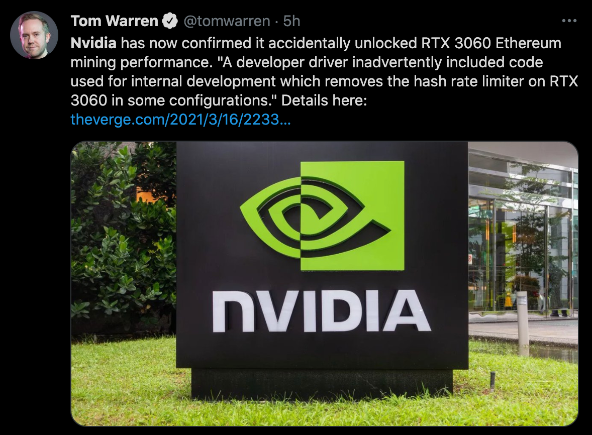 Nvidia 不小心解锁了 RTX 3060 以太坊挖矿限制器，重大错误？