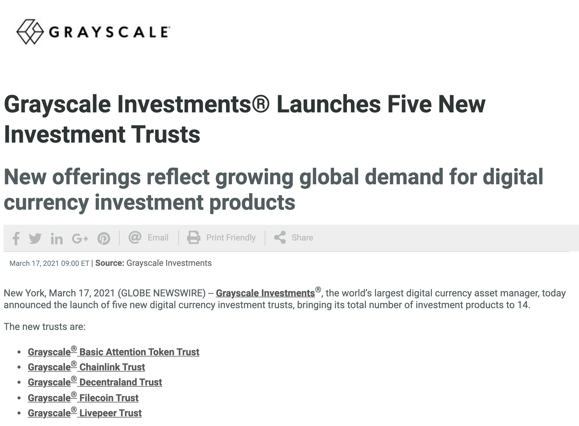 我们推出了五个新的数字货币信托基金，共有14个