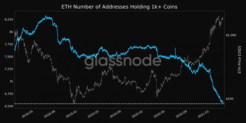 散户投资者继续买入eth，鲸鱼数量跌至三年来的低点2